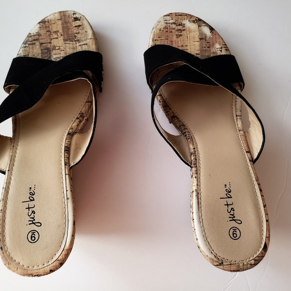 Just Be Black Wedge Sandals Size 9 Faux Cork Heels - Picture 3 of 4